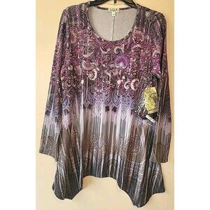 One World Live & Let Live Print Knit Tunic Sz L  Purple Rhinestone High Low+Mask